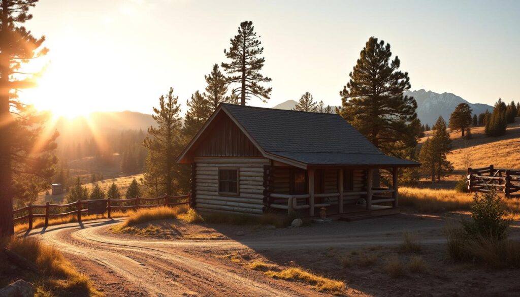 A rustic log cabin nestled in the heart of the Black Hills, surrounded by towering pines and rolling hills. The cabin's weathered exterior blends seamlessly with the rugged landscape, inviting visitors to step inside and experience the tranquility of this picturesque retreat. The sun casts a warm glow over the scene, illuminating the cabin's inviting porch and the winding dirt road leading up to it. In the distance, majestic peaks rise against a cloudless sky, hinting at the endless adventures that await just beyond the cabin's doorstep.