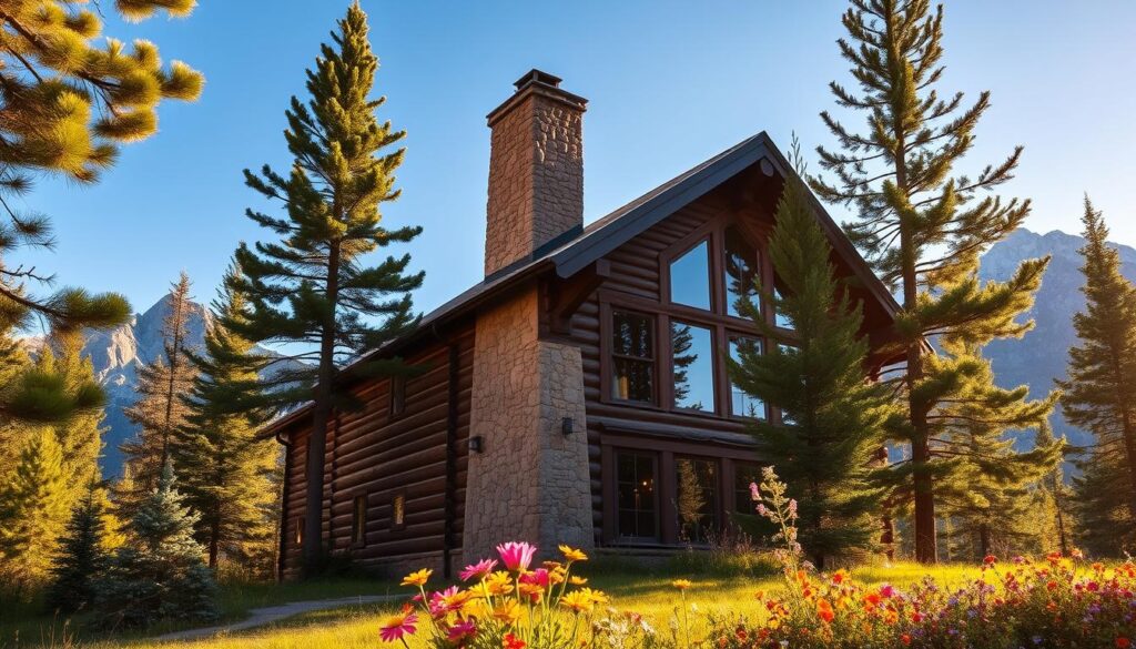 A rustic log cabin nestled in the heart of the majestic Grand Teton mountains. The structure stands tall, its weathered logs and stone chimney radiating a sense of timeless charm. Tall evergreen trees surround the cabin, their branches reaching up towards the clear blue sky. Warm sunlight filters through the trees, casting a soft, golden glow over the scene. In the foreground, a well-tended garden bursts with vibrant wildflowers, inviting visitors to pause and take in the serene mountain retreat. The cabin's large windows offer panoramic views of the jagged peaks in the distance, promising a tranquil escape from the everyday.