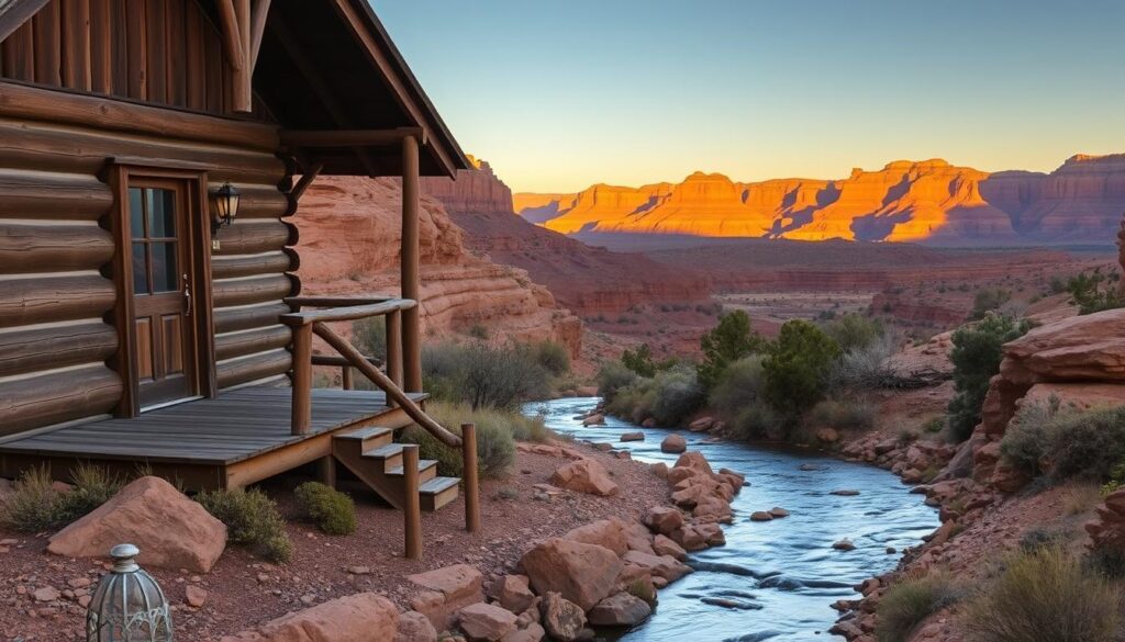 A rustic log cabin nestled in the rugged canyons of Canyonlands National Park, bathed in warm golden light from the setting sun. The cabin's weathered facade blends seamlessly with the surrounding rock formations, creating a sense of tranquil isolation. In the foreground, a wooden porch overlooks a meandering stream, its gentle flow punctuated by the occasional flutter of a bird's wing. The middle ground reveals a panoramic vista of towering sandstone cliffs, painted in hues of ochre and crimson. Beyond, the vast expanse of the desert landscape stretches out, dotted with scrubby junipers and the occasional spire of a lonely hoodoo. This wilderness retreat offers a sanctuary for the weary traveler, a chance to disconnect and immerse oneself in the raw, untamed beauty of the American Southwest.