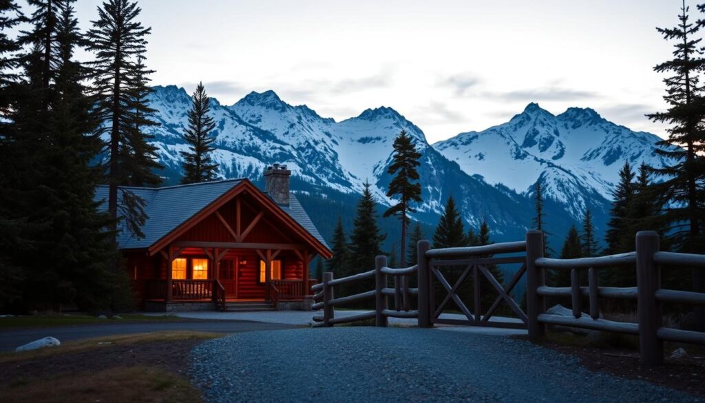 A rustic wooden cabin nestled against a backdrop of majestic snow-capped mountains, surrounded by towering pines. The warm glow of the cabin's lights contrasts with the fading dusk sky, creating a cozy and inviting atmosphere. In the foreground, a gravel driveway leads up to the cabin, with a wooden fence and gate framing the entrance. The scene is bathed in soft, diffused natural lighting, giving it a peaceful and serene ambiance. The overall composition conveys a sense of tranquility and effortless access to the grandeur of Glacier National Park.