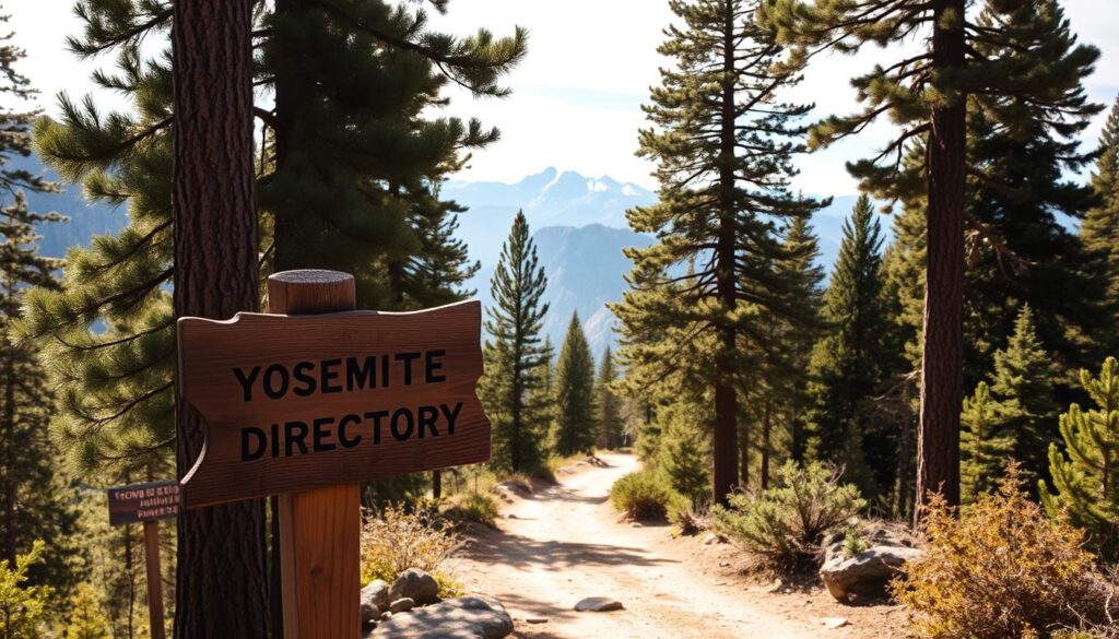 A rustic, wooden directory sign stands prominently in the foreground, nestled among lush, towering pine trees. The sign's weathered surface and carved text evoke the natural charm of Yosemite National Park. In the middle ground, a winding dirt trail leads visitors deeper into the serene, sun-dappled forest. Distant mountains, capped with snow, rise majestically in the background, creating a breathtaking, panoramic vista. The scene is bathed in warm, golden light, casting a cozy, inviting atmosphere. This image captures the essence of the Yosemite region, seamlessly blending the informative directory with the stunning natural beauty that surrounds it.