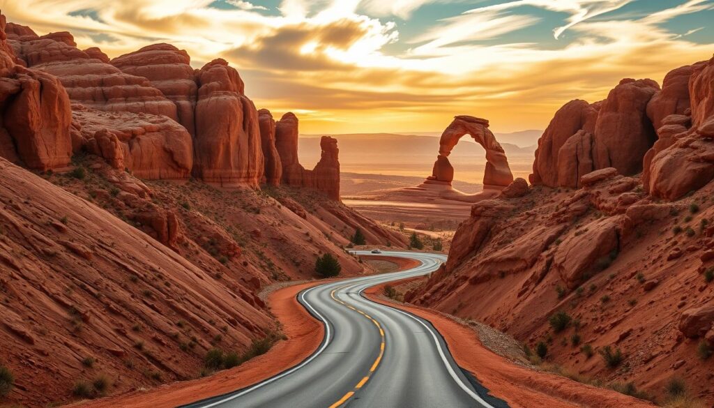 A scenic drive through the rugged red-rock landscape leading to the iconic sandstone arches of Arches National Park. The winding mountain road cuts through towering cliffs, offering sweeping vistas of the vast desert terrain. Golden sunlight filters through wispy clouds, casting warm hues across the weathered rock formations. In the distance, the majestic silhouettes of Delicate Arch and other geological wonders come into view, beckoning the traveler to explore this natural wonder. The scene evokes a sense of adventure and discovery, perfectly setting the stage for an unforgettable visit to Arches National Park.