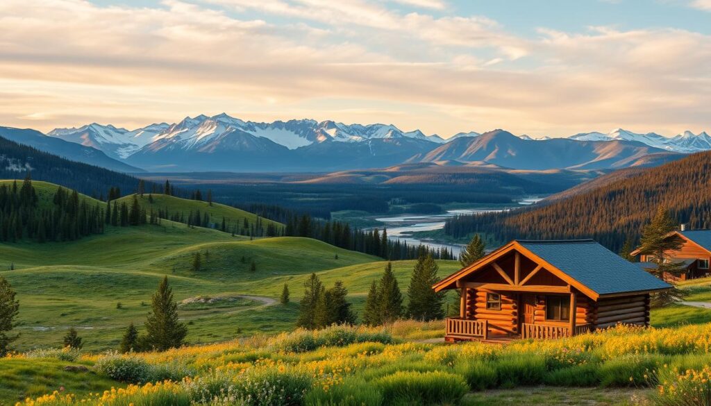 A scenic landscape showcasing the seasonal availability in Yellowstone National Park. In the foreground, a wooden cabin nestled amidst lush greenery, with a rustic porch and a cozy ambiance. In the middle ground, rolling hills and vibrant meadows, dotted with wildflowers that change with the seasons. The background features the iconic peaks and rugged terrain of Yellowstone, with a mix of snow-capped mountains, dense forests, and sparkling rivers. The lighting is soft and warm, capturing the essence of each season, from the vibrant hues of autumn to the serene, snowy landscapes of winter. The composition highlights the park's diverse ecosystems and the varying opportunities for outdoor adventure and relaxation throughout the year.