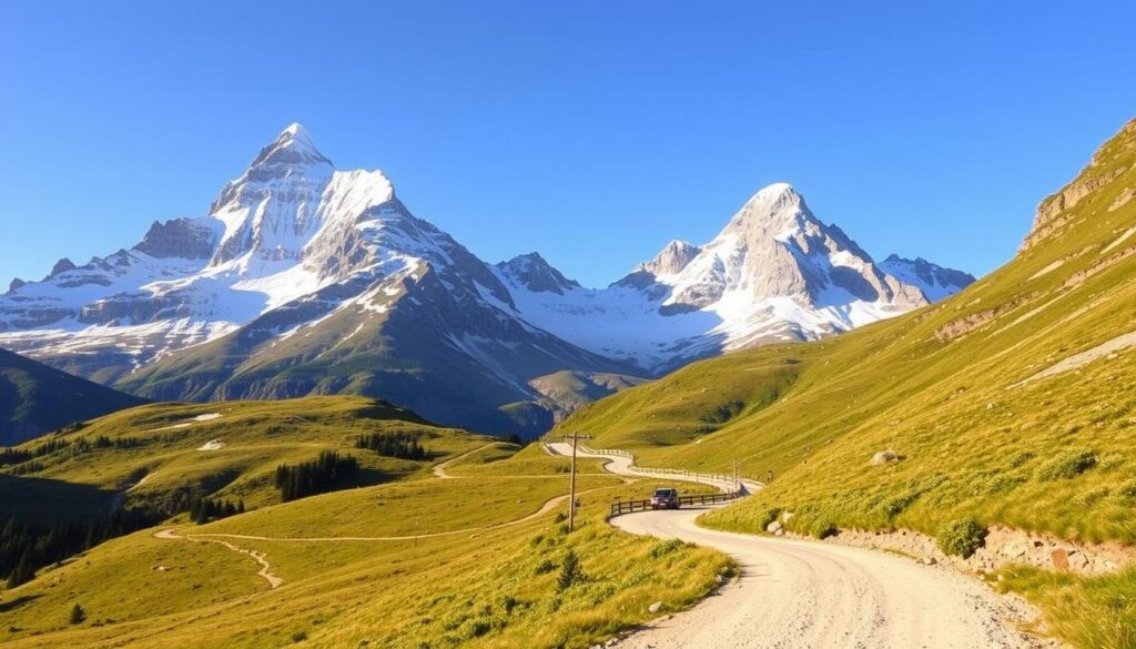 A scenic mountain landscape in Glacier National Park, showcasing the winding roads and access points that lead visitors deep into the park's stunning natural beauty. Towering snow-capped peaks rise in the background, their jagged edges cutting against a clear blue sky. In the foreground, a well-maintained gravel road winds through lush alpine meadows, offering easy access to trailheads, visitor centers, and picturesque viewpoints. The scene is bathed in warm, golden light, conveying a sense of adventure and exploration. The overall atmosphere is one of awe-inspiring grandeur, inviting the viewer to imagine the incredible hiking, wildlife viewing, and outdoor experiences that await within the park.