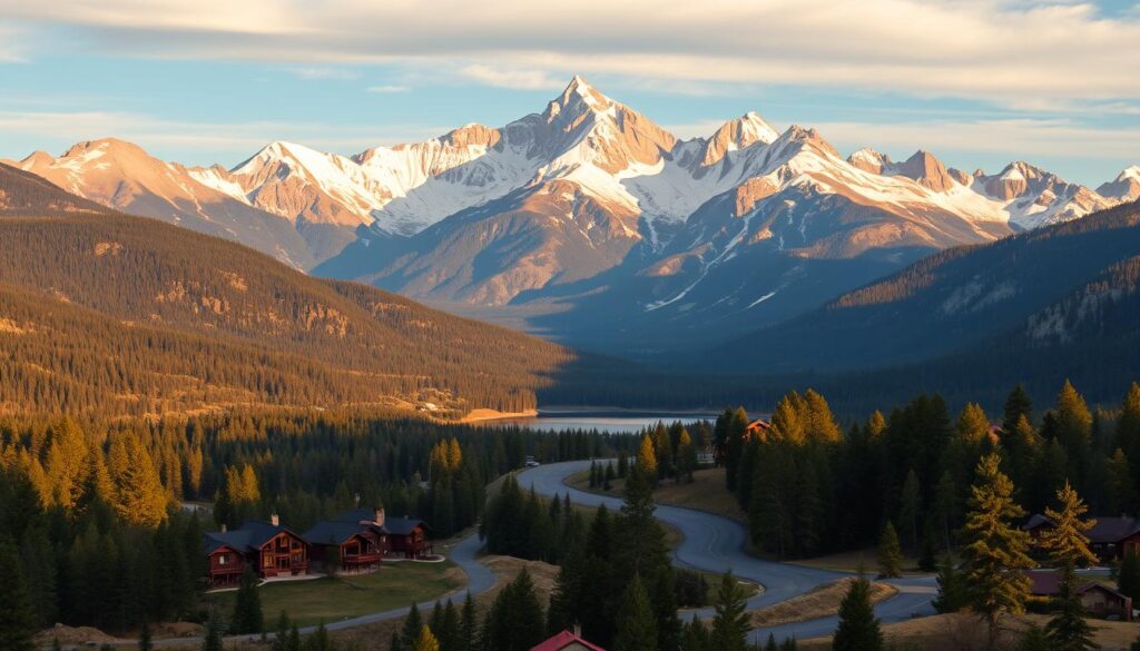 A scenic mountain landscape with a foreground featuring a cluster of cozy mountain lodges, cabins, and vacation rentals nestled amongst lush forests and rolling hills. The middle ground showcases a winding road leading towards the iconic granite peaks of Yosemite National Park, bathed in warm, golden afternoon light. In the background, towering snow-capped mountains rise majestically, their jagged silhouettes reflected in a still alpine lake. The overall atmosphere evokes a sense of tranquility, adventure, and the natural beauty of the region, inviting viewers to envision themselves staying at one of the charming accommodations while exploring the wonders of Yosemite.