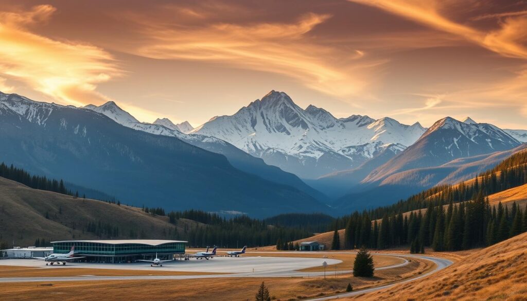 A scenic mountain landscape with the Kalispell Airport in the foreground, nestled between rolling foothills. The airport terminal is a modern, glass-and-steel structure, with small private planes parked on the tarmac. Towering snow-capped peaks of Glacier National Park rise majestically in the background, bathed in warm golden sunlight filtering through wispy clouds. The access road leading to the airport winds gracefully through the lush, evergreen-forested terrain, providing easy and convenient transportation to this scenic region. An atmosphere of tranquility and natural wonder pervades the scene, inviting travelers to explore the wonders of Montana.