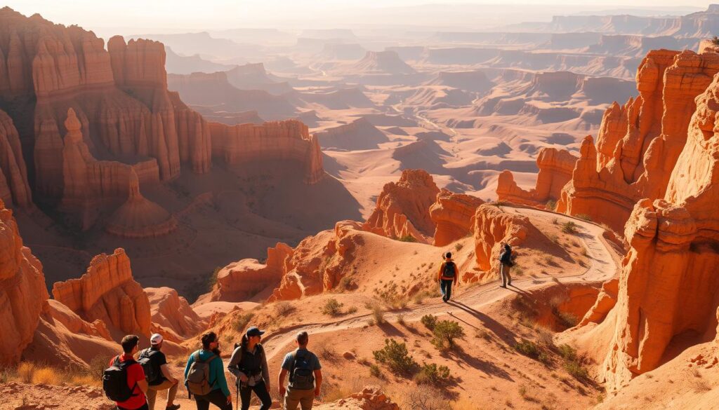 A scenic viewpoint of rugged hoodoos and towering sandstone cliffs, bathed in warm golden light. In the foreground, a group of hikers pause to take in the breathtaking panorama, their silhouettes framed against the vast, awe-inspiring landscape. In the middle ground, a winding trail leads the eye towards a distant overlook, where a lone figure stands in contemplation. The background is a tapestry of layered rock formations, their intricate textures and shadows creating a sense of depth and grandeur. The overall mood is one of adventure, tranquility and a deep appreciation for the natural world.