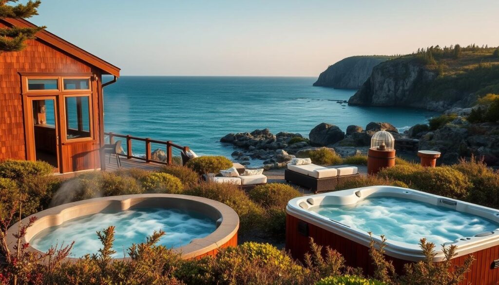 A seaside cabin nestled on the rocky coast of Bar Harbor, Maine, overlooking the turquoise waters of the Atlantic Ocean. In the foreground, a cozy outdoor hot tub steams invitingly, surrounded by lush greenery and native flora. The middle ground features a well-appointed bar and lounge area, with plush seating and rustic wooden accents that complement the natural setting. In the background, the dramatic cliffs of Acadia National Park rise up, framing the serene oceanfront vista. Soft, warm lighting casts a tranquil glow, creating an atmosphere of relaxation and escape. A telephoto lens captures this idyllic scene, showcasing the perfect harmony of nature and luxury that defines the quintessential Bar Harbor cabin rental experience.