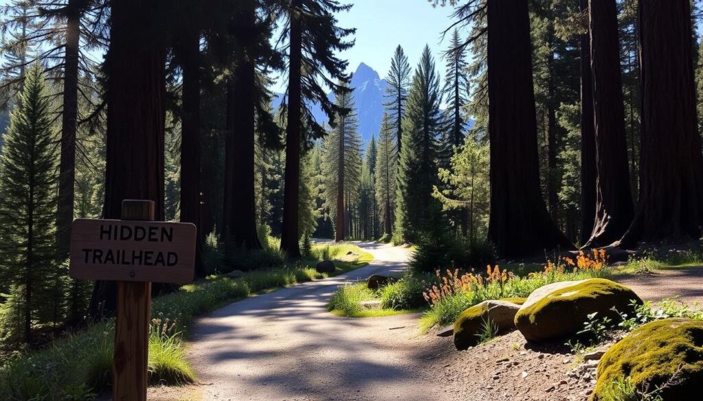 A secluded forest path winds through towering redwoods, sunlight filtering through the lush canopy. In the foreground, a rustic wooden sign points the way to a hidden trailhead, inviting exploration. The middle ground reveals a glimpse of a well-maintained gravel road, flanked by vibrant wildflowers and mossy boulders. In the distance, the silhouettes of majestic mountains rise, their peaks capped with snow. The overall scene exudes a sense of tranquility and adventure, capturing the essence of accessing Yosemite's wilderness from within the park's boundaries.