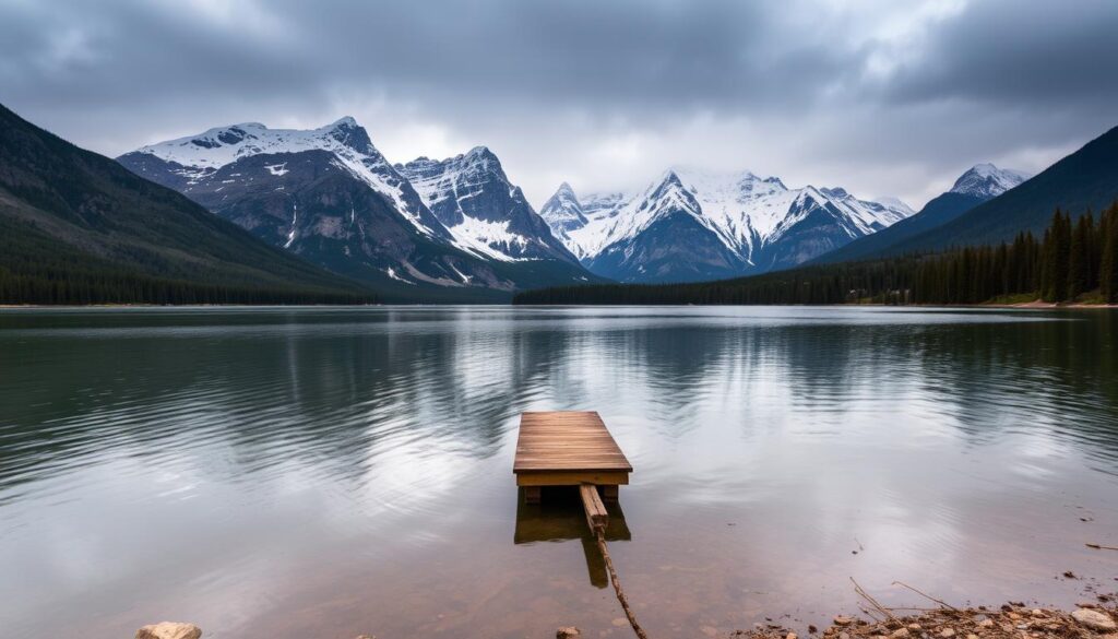 A serene alpine lake nestled amid towering peaks, Two Medicine Lake in Glacier National Park. Calm waters reflect the dramatic scenery - rugged, snow-capped mountains rise in the background, their jagged outlines silhouetted against a moody sky. In the foreground, a small wooden dock juts out into the tranquil lake, inviting visitors to pause and soak in the peaceful atmosphere. Soft, diffused natural light illuminates the scene, casting a warm glow over the forested shoreline. This quiet, rustic escape evokes a sense of remote wilderness, perfect for those seeking a tranquil respite from the bustle of everyday life.
