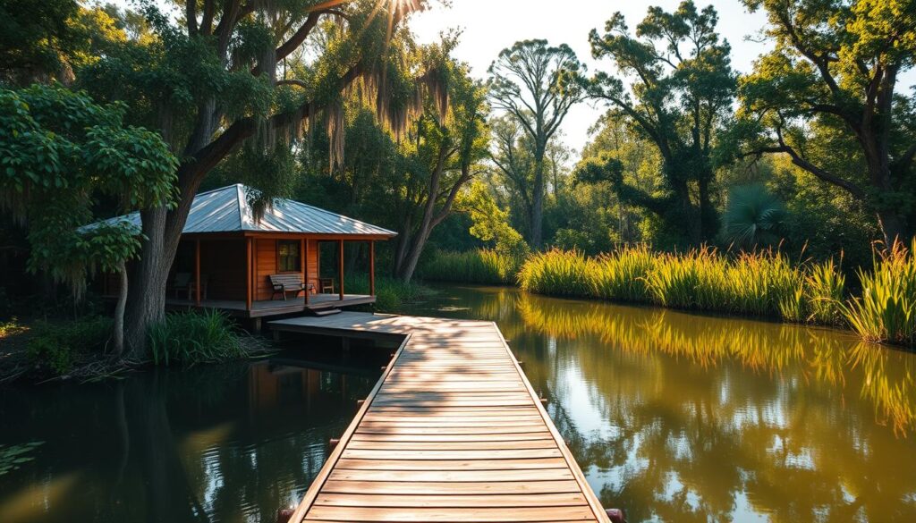 A serene cabin nestled amidst the lush, verdant wetlands of Everglades City, its wooden exterior blending seamlessly with the surrounding cypress trees and mangroves. Sunlight filters through the canopy, casting a warm, golden glow upon the tranquil scene. A wooden dock extends into a calm, mirror-like lake, inviting visitors to explore the waterways and observe the diverse wildlife. In the distance, the silhouettes of tall grasses and reeds sway gently in the light breeze, creating a soothing, natural ambiance. This is a true wetland retreat, where visitors can immerse themselves in the beauty and serenity of the Everglades.
