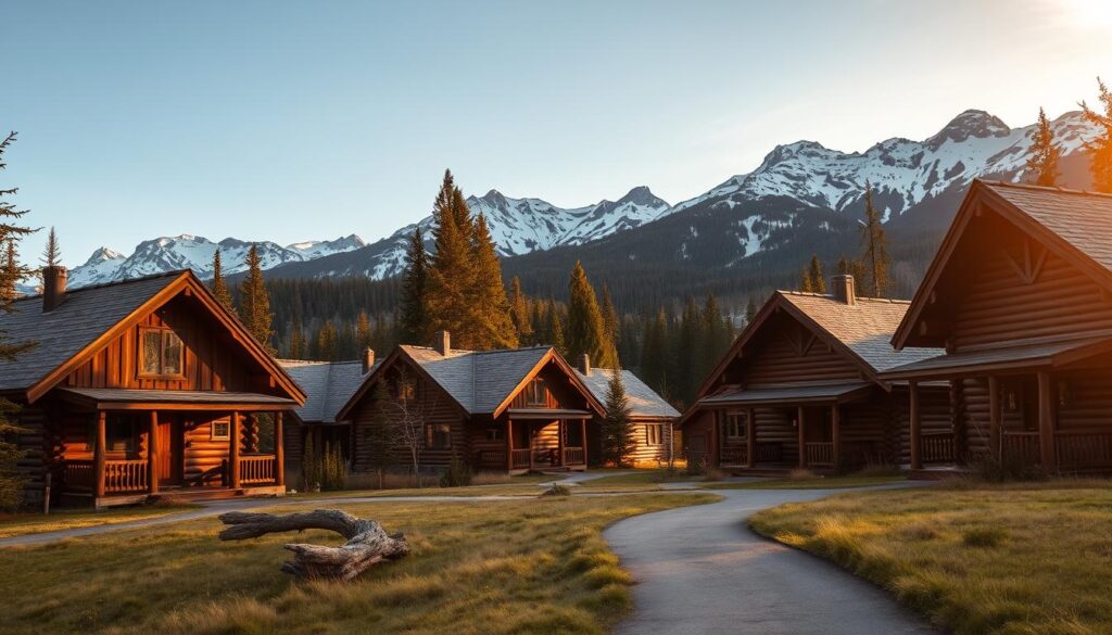 A serene cluster of rustic wooden cabins nestled in the lush, mountainous landscape near Glacier National Park. The cabins feature pitched roofs, weathered siding, and inviting front porches, blending seamlessly with the rugged, snow-capped peaks in the distant background. Warm, golden light filters through the trees, casting a cozy glow over the scene. A winding path leads through the foreground, inviting the viewer to explore this tranquil, picturesque retreat. The overall mood is one of peaceful isolation, perfect for adventuring and reconnecting with nature.