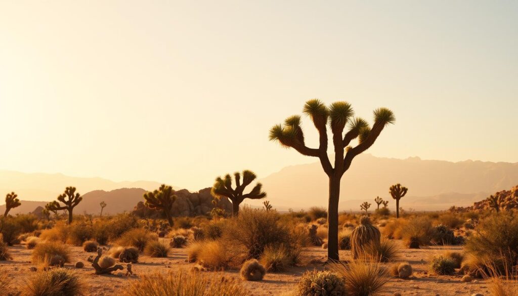 A serene desert landscape, bathed in warm golden light, showcases a variety of Joshua tree silhouettes. In the foreground, a lone tree stands tall, its distinctive branches reaching skyward. The middle ground features a cluster of these iconic plants, their vibrant green hues contrasting against the rugged, rocky terrain. In the distance, hazy mountains loom, creating a sense of scale and depth. The image conveys a tranquil, earthy atmosphere, inviting the viewer to imagine the varying prices and accommodation options available for those seeking a retreat near this natural wonder. A 35mm lens captures the scene, highlighting the dramatic shadows and textures that define the Joshua tree ecosystem.