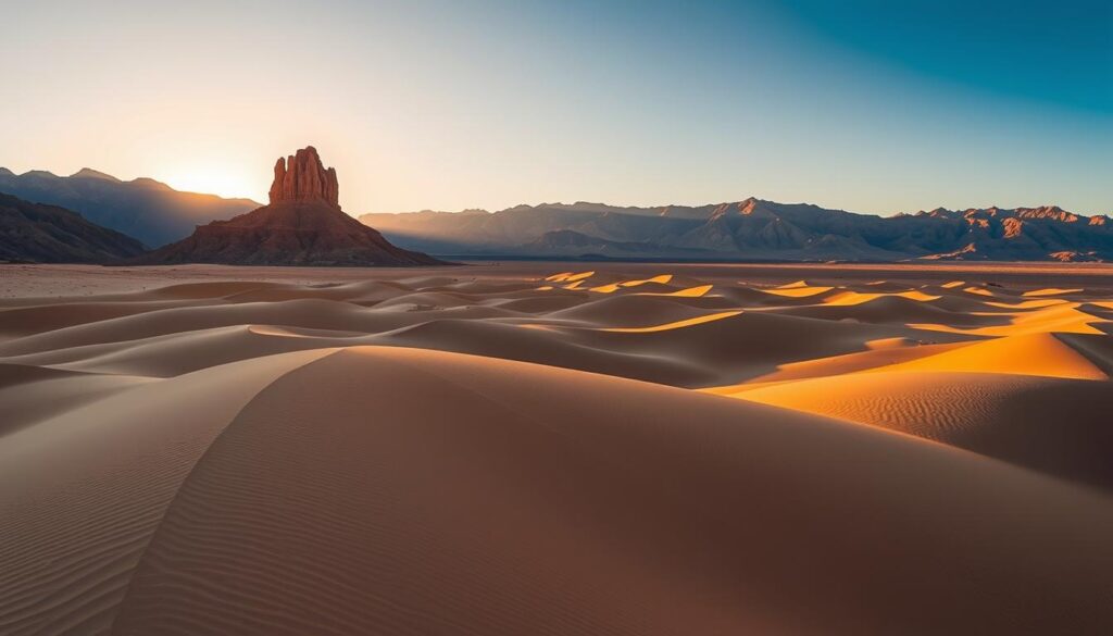 A serene desert landscape bathed in warm, golden light. In the foreground, the iconic Zabriskie Point juts out against a cloudless sky, its jagged, colorful formations casting dramatic shadows across the gently undulating terrain. In the middle ground, sweeping sand dunes of varying hues stretch out, their gentle curves and ripples inviting exploration. In the distance, the Funeral Mountains rise up, their rugged silhouettes creating a striking contrast against the tranquil scene. A wide-angle lens captures the expansive, awe-inspiring nature of this location, conveying a sense of solitude and remoteness. The overall mood is one of peaceful isolation, a quiet oasis amidst the harsh beauty of Death Valley.