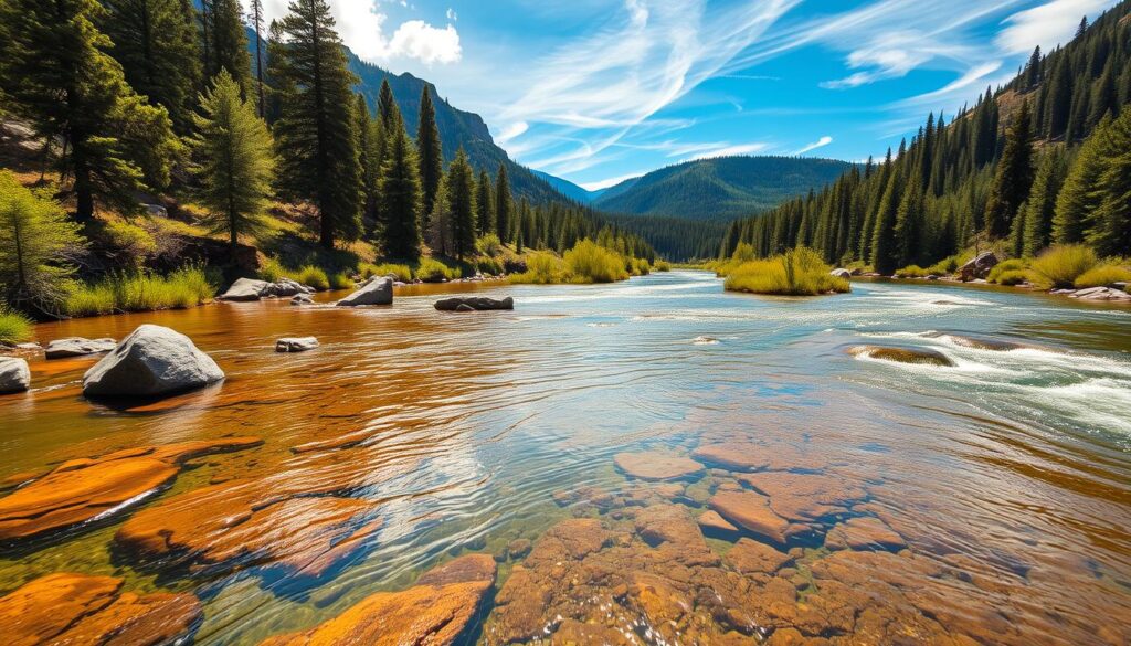 A serene landscape featuring three majestic rivers flowing through the lush, verdant Sequoia wilderness near Kings Canyon National Park. In the foreground, the crystal clear waters of a gently meandering stream reflect the towering evergreen trees and rocky outcroppings on its banks. In the middle ground, a wider river cuts through the rugged terrain, its surface rippling under the warm, golden sunlight filtering through wispy clouds. In the distance, a third river snakes between the rolling hills, its azure waters contrasting with the deep green of the surrounding pine forest. The scene exudes a sense of tranquility and natural beauty, inviting the viewer to immerse themselves in the wilderness.