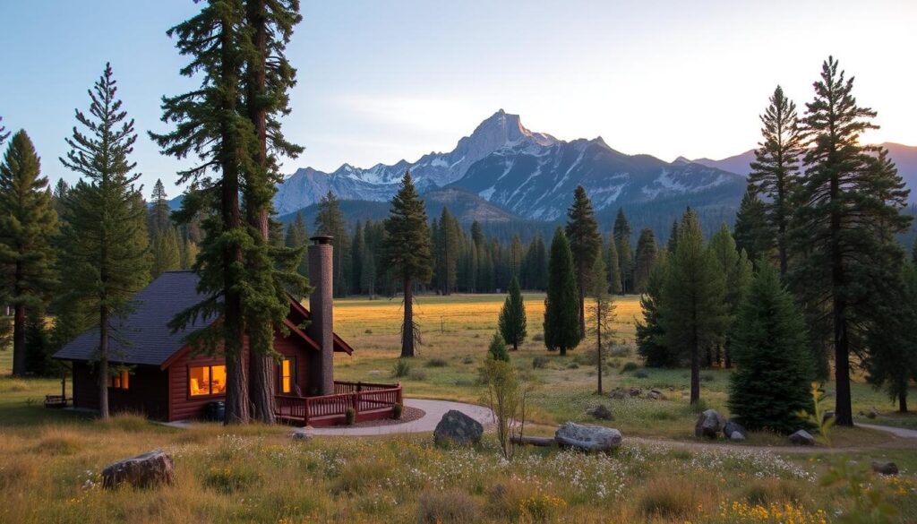 A serene landscape of Sequoia National Park in California, showcasing the ever-changing price seasons and availability for vacation rentals. In the foreground, a cozy cabin nestled among towering sequoia trees, its warm lighting creating a inviting atmosphere. The middle ground features a picturesque meadow dotted with wildflowers, with the majestic peaks of the Sierra Nevada mountains rising in the distance. A soft, golden light filters through the sky, evoking the tranquility of the park's different seasons. The composition captures the essence of planning the perfect family vacation, highlighting the ebb and flow of pricing and booking windows throughout the year.
