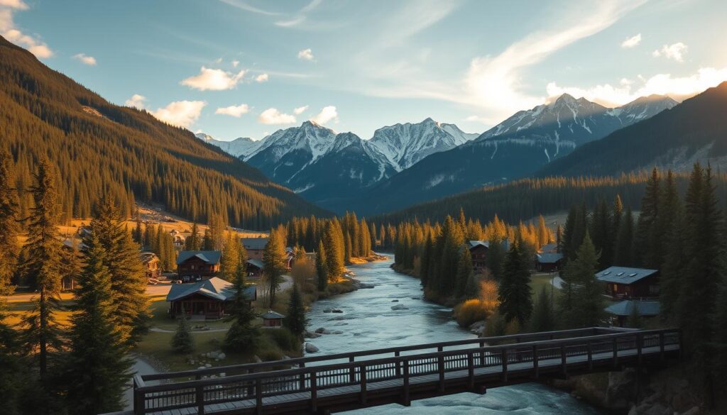 A serene landscape of the West Glacier region, nestled amidst the majestic Rocky Mountains. A picturesque village with rustic cabins and lodges, surrounded by lush evergreen forests, snow-capped peaks, and a tranquil river winding through the valley. Warm afternoon light filters through the trees, casting a golden glow over the scene. In the foreground, a wooden bridge spans the river, inviting visitors to explore the natural beauty. Wispy clouds drift overhead, adding to the peaceful, awe-inspiring atmosphere. The image captures the idyllic charm and outdoor splendor of this western gateway to Glacier National Park.