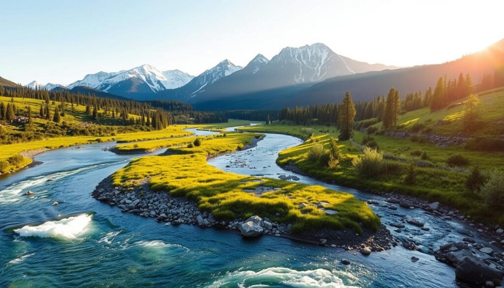 A serene landscape with three distinct rivers flowing through a lush, verdant valley. The foreground features a winding river with clear, shimmering waters and smooth, rocky banks. In the middle ground, two additional rivers join, their currents intertwining as they make their way through the scene. The background is dominated by majestic, snow-capped mountains that rise up, creating a dramatic and picturesque backdrop. The lighting is soft and diffused, casting a warm, golden glow over the entire composition. The image conveys a sense of tranquility and natural beauty, perfectly capturing the essence of the best areas and stays for different travelers visiting Sequoia National Park.