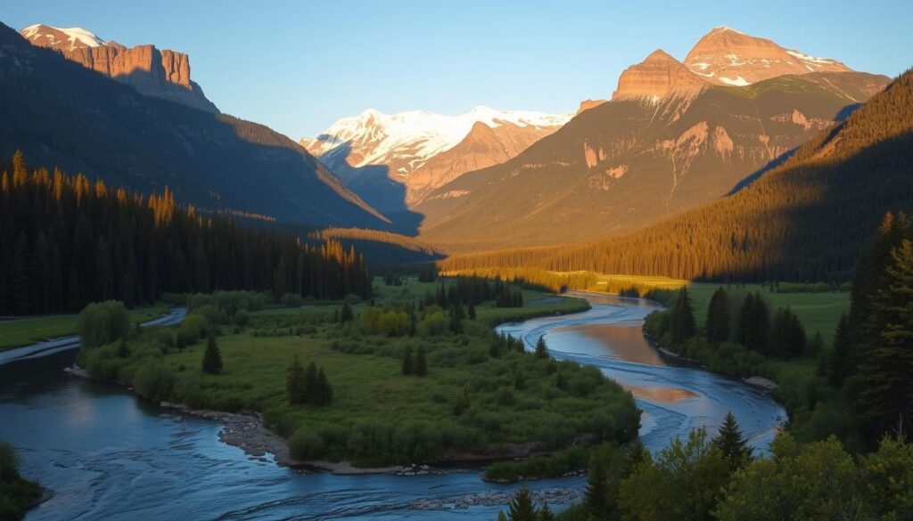 A serene landscape with three distinct rivers winding through a lush, verdant valley. The foreground features a gently flowing river with reflections of the surrounding trees and mountains. In the middle ground, two additional rivers converge, creating a tranquil confluence. The background is dominated by towering, snow-capped peaks bathed in soft, warm sunlight, casting long shadows across the scene. The overall composition evokes a sense of peaceful solitude, perfect for a quiet retreat in the heart of Sequoia National Park.