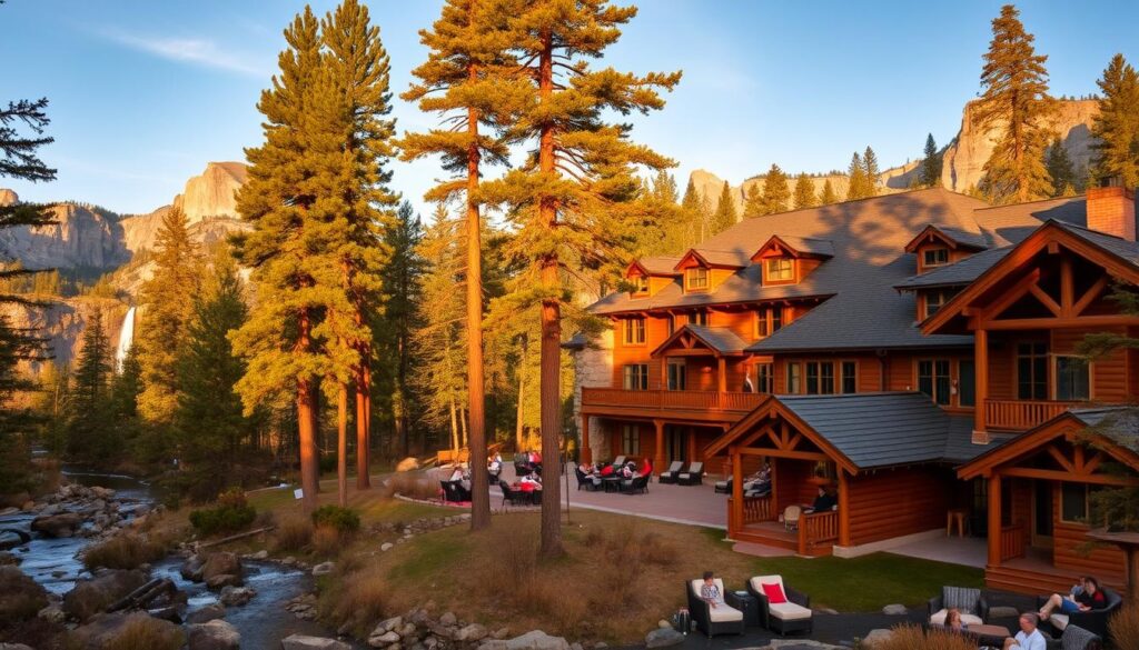 A serene lodge nestled amidst the towering pines of Yosemite, its rustic exterior blending seamlessly with the natural surroundings. Guests lounge on the expansive porch, taking in the breathtaking views of granite cliffs and cascading waterfalls. Inside, the lobby features a grand stone fireplace, warm lighting, and inviting furnishings that evoke the spirit of the American West. Cozy cabins dot the landscape, their wooden facades and large windows offering a intimate connection to the park's raw, untamed beauty. A tranquil stream meanders nearby, its gentle sounds soothing the senses. The entire scene is bathed in the soft, golden glow of a setting sun, creating a serene, picturesque atmosphere that perfectly captures the essence of in-park lodging in Yosemite.