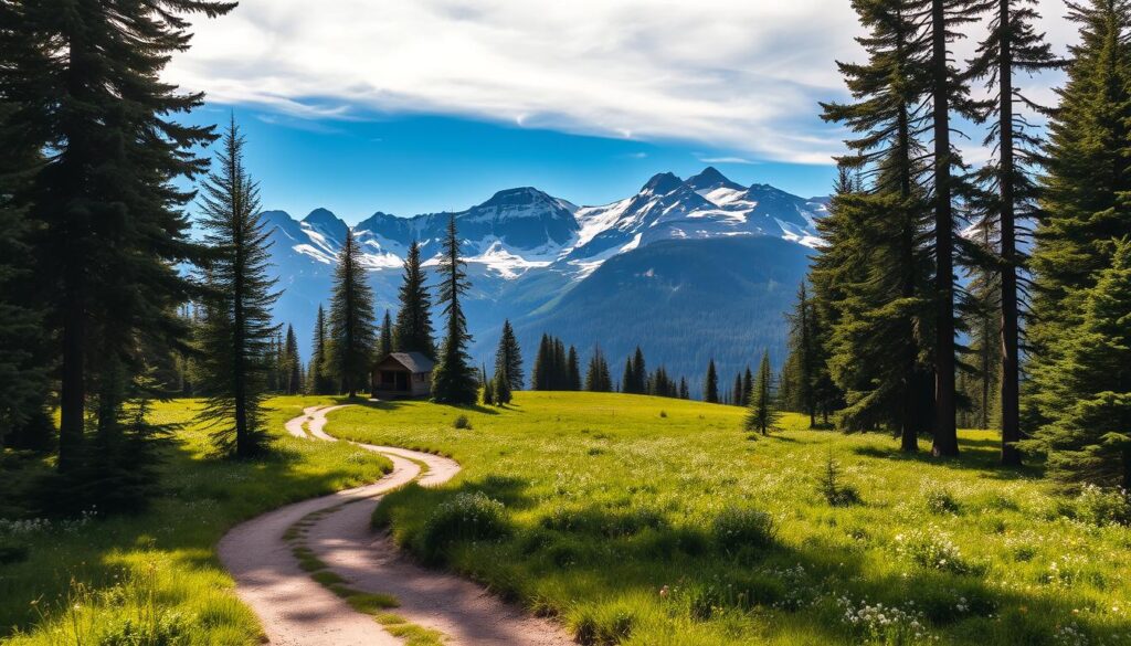 A serene mountain landscape unfolds before the viewer, with a cozy cabin nestled amidst towering pines. Crisp, natural sunlight filters through the trees, casting warm hues across the scene. In the foreground, a meandering path leads towards the cabin, inviting exploration. The middle ground features a lush, verdant meadow dotted with wildflowers, while the background is dominated by the majestic, snow-capped peaks of Glacier National Park. The overall atmosphere is one of peaceful solitude, capturing the essence of staying within the park's boundaries and immersing oneself in the untamed beauty of the great outdoors.