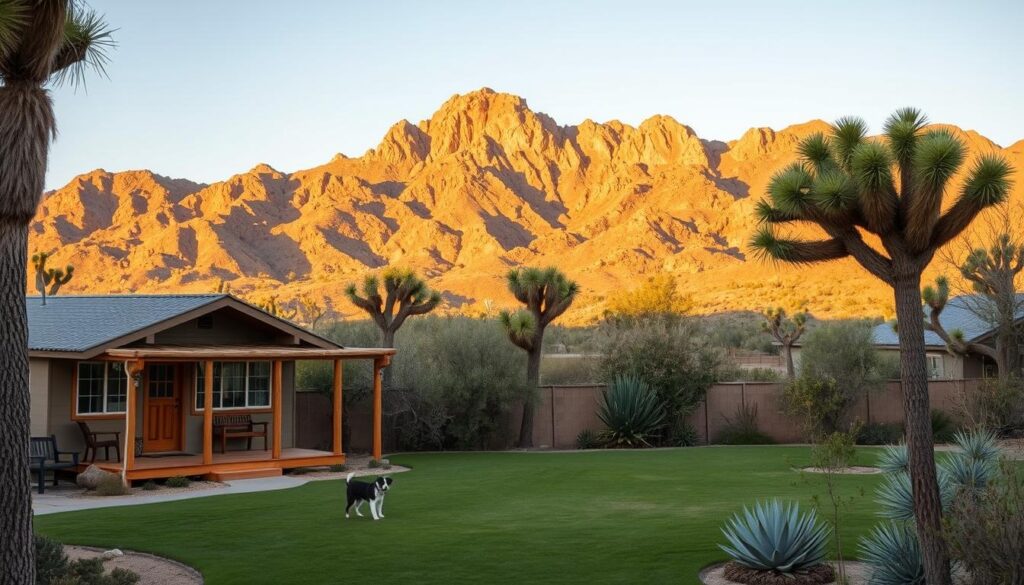 A serene, pet-friendly desert retreat nestled amidst the iconic Joshua trees of California. In the foreground, a cozy cabin with a welcoming porch and a playing area for furry companions. The middle ground features a lush, well-manicured lawn dotted with succulents and native flora. In the background, the rugged, sun-dappled Joshua Tree mountains rise majestically, creating a stunning natural backdrop. Warm, golden light filters through the scene, evoking a sense of tranquility and relaxation. The overall composition conveys a secluded, private oasis perfect for those seeking a peaceful escape in the heart of the desert.