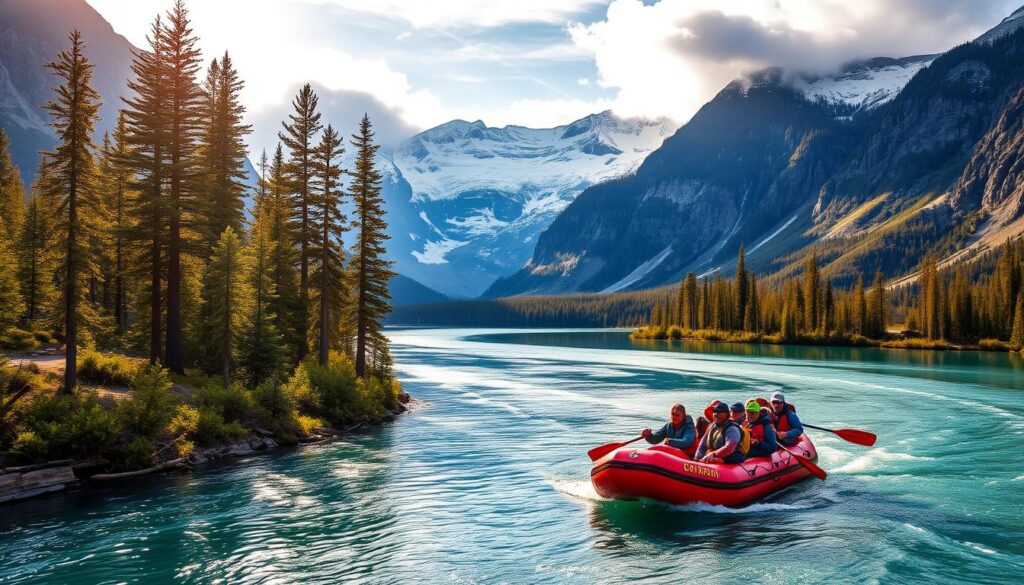 A serene river snaking through the rugged, snow-capped peaks of West Glacier National Park. In the foreground, a vibrant red raft carrying adventurous travelers, paddles cutting through the turquoise waters. Towering pines line the riverbanks, their verdant hues contrasting against the dramatic grey and white mountainscape. Warm, golden sunlight filters through wispy clouds, casting a soft, ethereal glow over the scene. The air is crisp and invigorating, beckoning exploration of the untamed wilderness. A breathtaking panorama of natural beauty, where the thrill of rafting and the tranquility of the outdoors converge in perfect harmony.