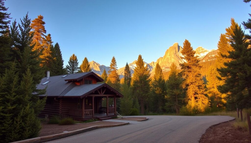 A serene, rustic cabin nestled amidst the majestic sequoia trees of the Sequoia-Kings Canyon wilderness, its weathered wooden exterior and inviting porch surrounded by lush green foliage. Warm golden light filters through the forest canopy, casting a cozy glow over the scene. In the background, towering peaks of the Sierra Nevada mountains rise up, their snow-capped summits glowing in the afternoon sun. A gravel driveway leads up to the cabin, suggesting a secluded retreat far from the hustle and bustle of everyday life. This idyllic landscape beckons the viewer to explore the natural wonders of this extraordinary region.