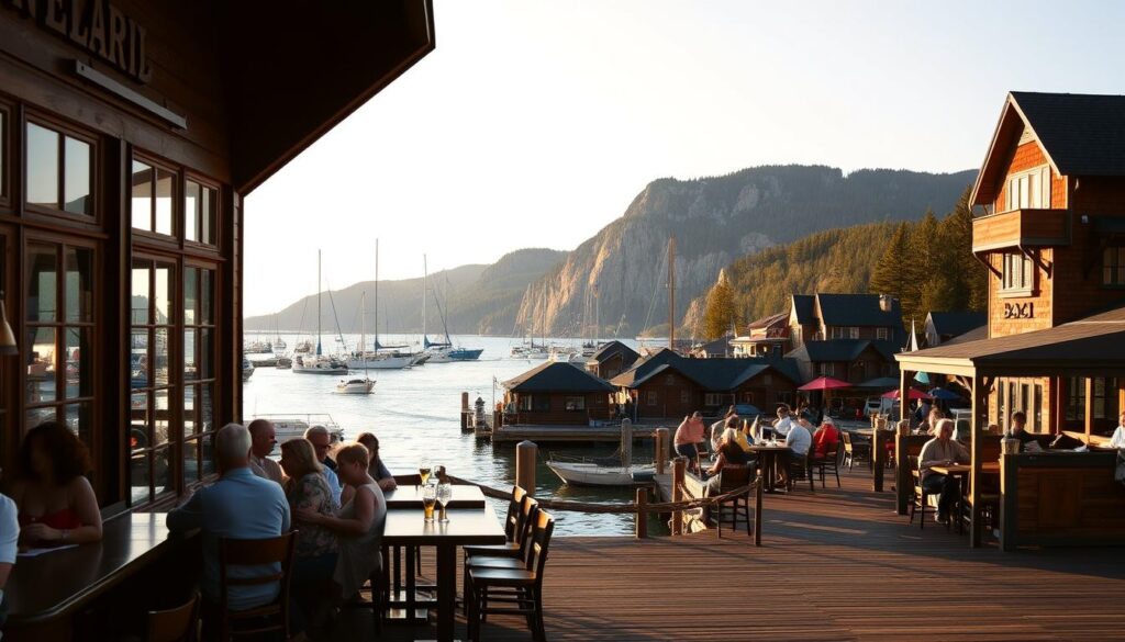 A serene waterfront scene in Bar Harbor, Maine, bathed in warm golden hour light. In the foreground, a cozy wooden bar and restaurant with large windows overlooking the harbor. Patrons sip local craft beers and cocktails on the expansive outdoor patio, taking in the stunning views of sailboats and yachts drifting lazily on the calm waters. In the middle ground, a row of charming cottages and cabins line the shoreline, their rustic wooden facades complementing the natural setting. The backdrop is a panoramic vista of the rugged Acadia National Park coastline, with its iconic granite cliffs and lush evergreen forests framing the scene. The overall atmosphere is one of relaxation, adventure, and the perfect blend of modern amenities and serene natural beauty.