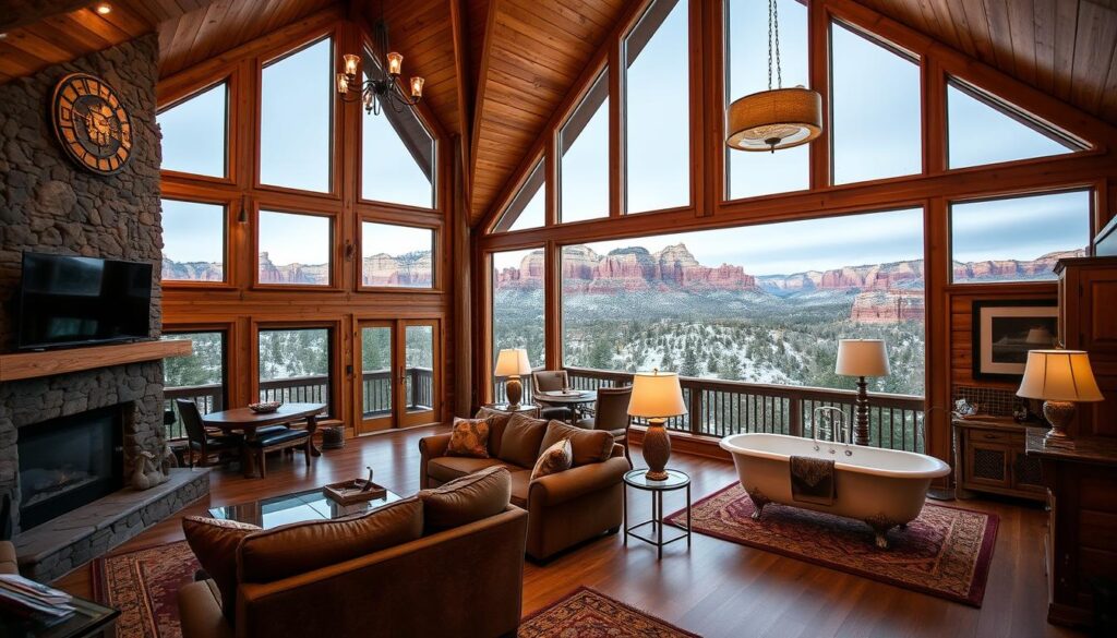 A spacious and inviting cabin interior with high ceilings, large windows offering panoramic views of the surrounding red rock formations. Warm, earthy tones and natural wood accents create a cozy yet luxurious atmosphere. Plush, comfortable furnishings including a well-appointed living area with a stone fireplace. A fully equipped kitchen with modern appliances and ample counter space. In the background, a master bedroom suite with an ensuite bathroom featuring a clawfoot tub and rainfall shower. Soft lighting from overhead fixtures and floor lamps casts a gentle glow across the space. An overall sense of tranquility and relaxation, perfect for a secluded mountain getaway.