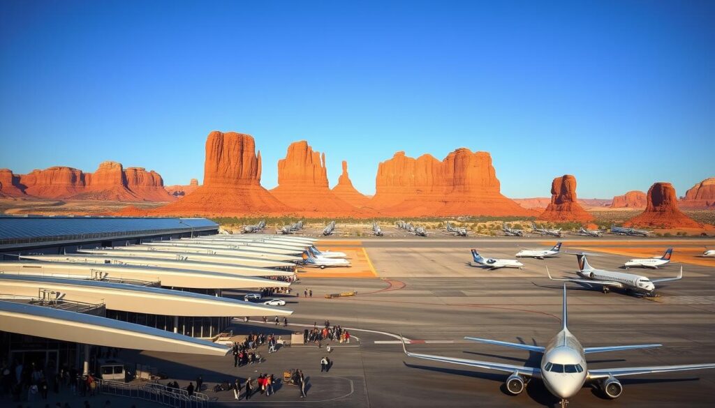A sprawling airport set against the iconic sandstone formations of Arches National Park. In the foreground, sleek modern terminals and bustling activity, with travelers hurrying through the arrivals and departures. The middle ground features the runways, lined with private and commercial aircraft, their engines roaring to life. In the distant background, the towering sandstone arches and mesas of the park stand in majestic relief, bathed in the warm glow of the desert sun. The scene conveys a sense of adventure and exploration, as visitors arrive to embark on their journey through this stunning natural wonder. Lighting is natural, with a wide-angle lens capturing the grand scale of the landscape.