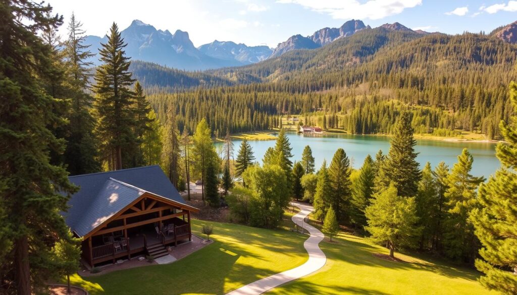 A sprawling sequoia retreat nestled in the lush wilderness, surrounded by towering ancient trees. In the foreground, a cozy cabin with a wraparound porch and rocking chairs, inviting guests to relax and unwind. The middle ground features a meandering path leading to a serene lake, its glassy surface reflecting the dappled sunlight filtering through the verdant canopy. In the background, rugged mountains rise, their peaks capped with snow, creating a dramatic and awe-inspiring backdrop. The scene is bathed in a warm, golden glow, evoking a sense of tranquility and connection with nature. This is a place of retreat, where groups can gather, events can be hosted, and the beauty of the Sequoia wilderness can be fully experienced.