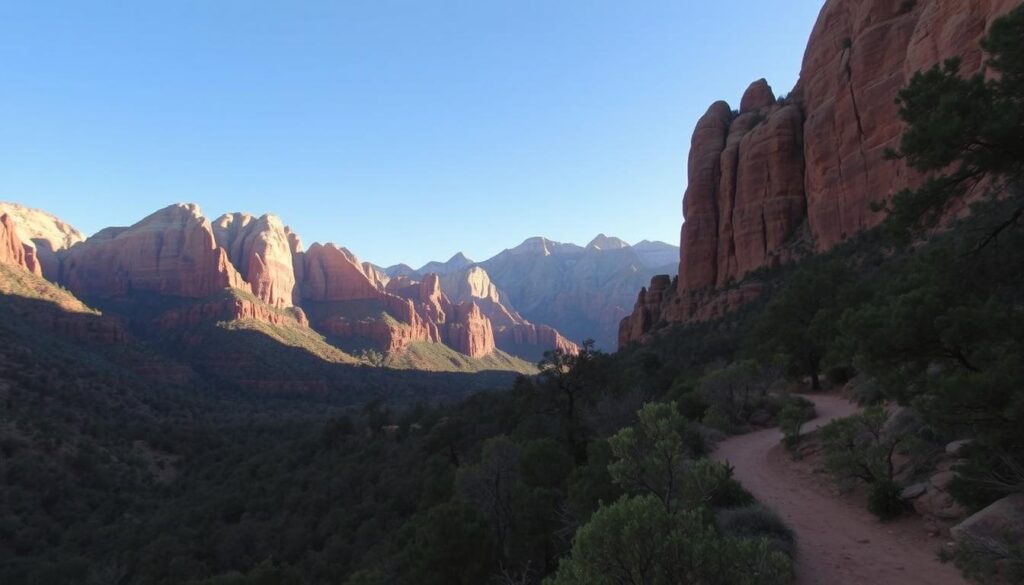 A stunning landscape of Zion National Park's iconic red rock formations, with winding hiking trails leading through lush, verdant foliage. In the foreground, a well-marked trail winds its way through a dense forest, inviting the viewer to embark on an adventure. The middle ground features towering sandstone cliffs, their rugged surfaces aglow in warm, golden sunlight that casts deep shadows across the scene. In the distant background, the silhouettes of majestic mountains rise against a clear, azure sky, creating a sense of scale and grandeur. The overall atmosphere is one of tranquility and natural beauty, perfectly capturing the essence of the Zion region.