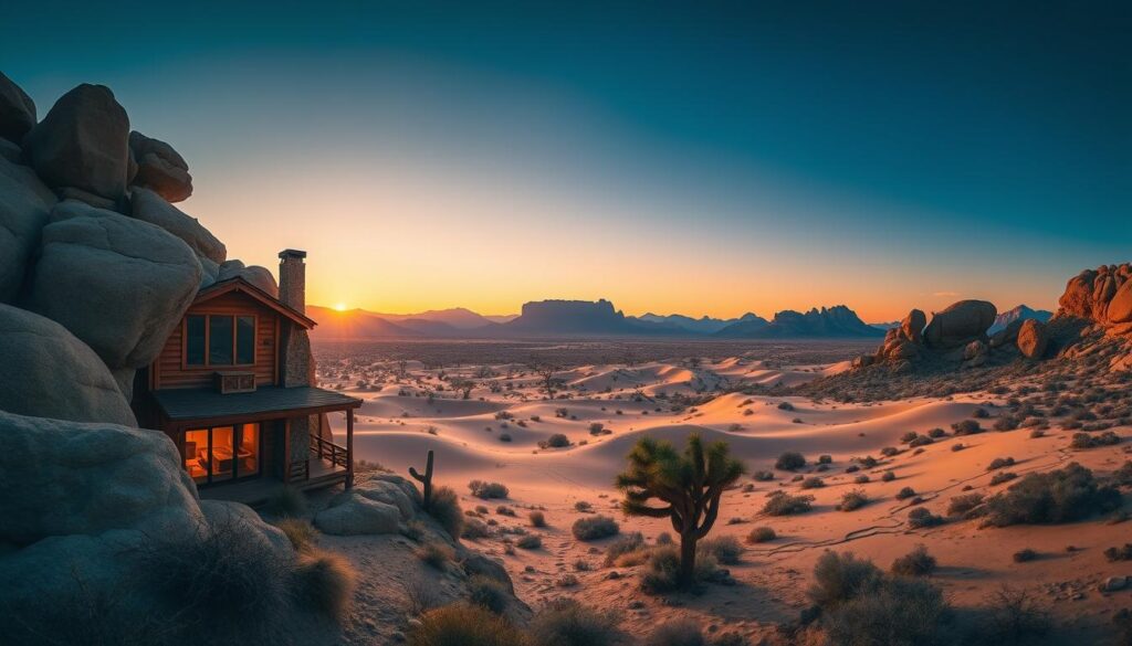 A stunning panoramic landscape showcasing the majestic beauty of the desert near Joshua Tree National Park. In the foreground, a rustic cabin nestled among towering boulders, its wooden exterior and large windows blending seamlessly with the rugged terrain. The middle ground features a sweeping vista of undulating sand dunes, punctuated by the occasional Joshua tree and cacti. In the distance, the iconic silhouettes of the park's rocky peaks stretch towards a breathtaking sky, ablaze with the warm tones of the setting sun. The scene is bathed in a soft, golden light, creating a serene and tranquil atmosphere perfect for stargazing. The camera captures this picturesque view with a wide, cinematic lens, emphasizing the vastness and grandeur of the desert landscape.
