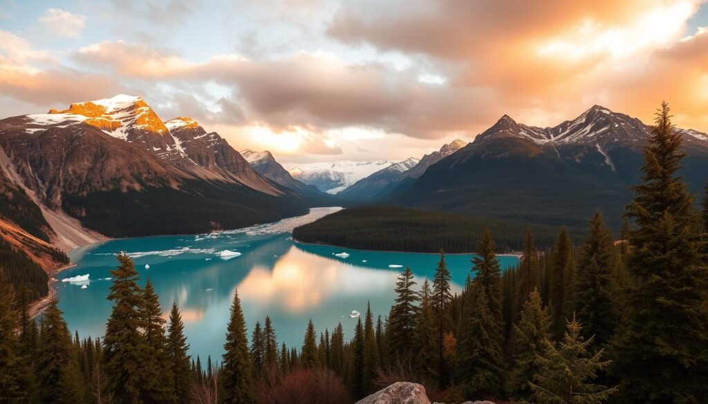 A stunning vista of the West Glacier entrance to Glacier National Park, captured in a wide-angle lens. In the foreground, rugged mountain peaks rise majestically, their snow-capped summits glistening in the warm afternoon light. A crystal-clear glacial lake reflects the surrounding landscape, its turquoise waters dotted with floating icebergs. In the middle ground, a lush, verdant forest stretches out, with towering evergreen trees swaying gently in the breeze. The background is dominated by a dramatic, cloud-streaked sky, casting a warm, golden glow over the entire scene. The mood is one of serene tranquility and awe-inspiring natural beauty, perfectly capturing the essence of this breathtaking location.