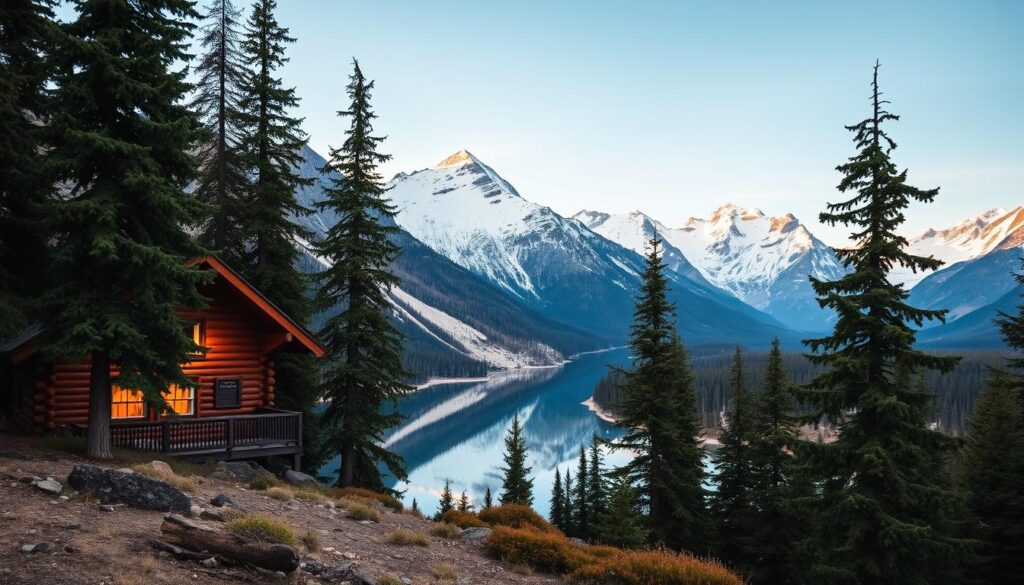 A stunning vista of the rugged West Glacier region in Glacier National Park. In the foreground, a cozy log cabin nestled among towering pines, its warm glow inviting visitors to step inside and experience the rustic charm. The middle ground features a crystalline alpine lake, its mirror-like surface reflecting the majestic snow-capped peaks in the distance. Soft, diffused natural light bathes the scene, evoking a sense of tranquility and wonder. The overall composition captures the essence of an exceptional guest experience, where the beauty of the outdoors and the comfort of a local's hospitality converge to create an unforgettable retreat.
