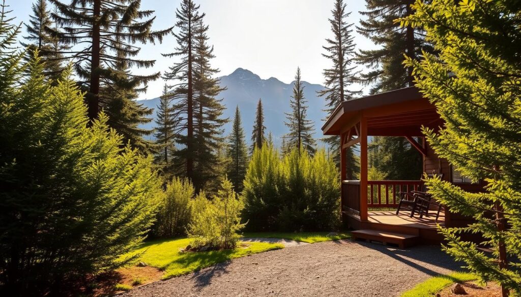A sun-dappled scene of a rustic cabin nestled amidst the towering pines of West Glacier National Park. In the foreground, a cozy porch with rocking chairs invites visitors to relax and take in the breathtaking mountain vistas. The middle ground features a well-maintained gravel path leading to the cabin's entrance, framed by lush, verdant foliage. In the background, the majestic peaks of the Rocky Mountains rise majestically, their snow-capped summits glistening under the warm, golden light of a late afternoon sky. The overall atmosphere is one of tranquility, adventure, and a connection to the natural world, perfectly capturing the essence of the cabin rental experience in this stunning region.