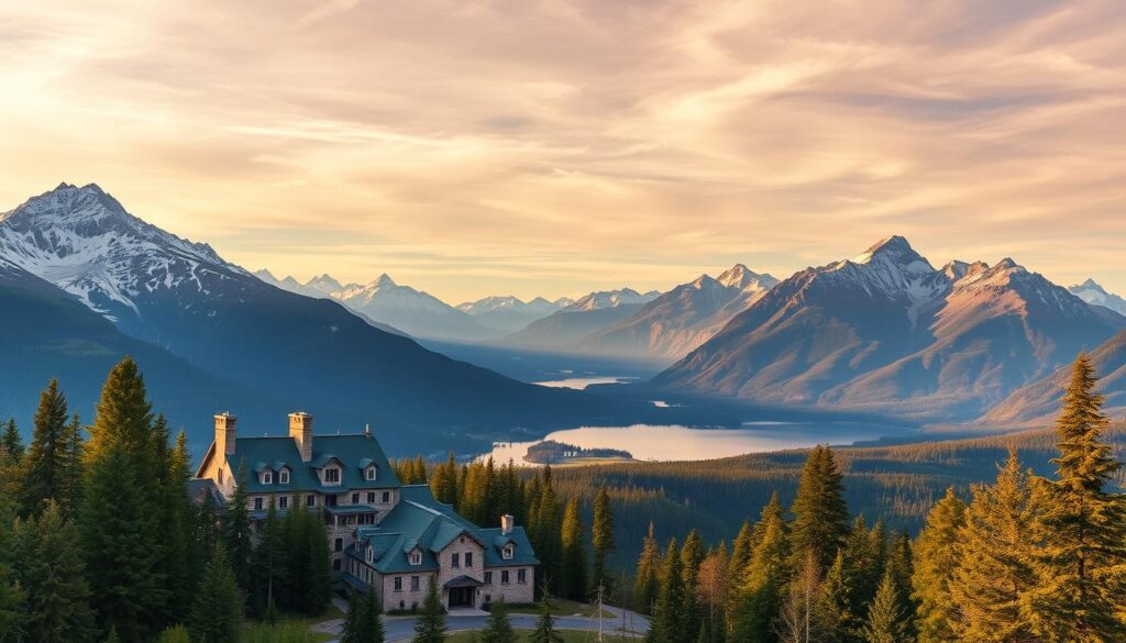 A sweeping panorama of the iconic Many Glacier region of Glacier National Park. In the foreground, a grand stone lodge stands proudly against a backdrop of snow-capped, jagged peaks. Towering evergreen forests surround the lodge, their verdant canopies swaying gently in the cool mountain breeze. In the middle ground, pristine glacial lakes shimmer in the soft, golden light of the setting sun, their clear waters reflecting the majestic mountains above. The sky is a tapestry of warm hues, with wispy clouds painting ethereal brushstrokes across the horizon. The overall scene conveys a sense of timeless grandeur and the untamed beauty of this renowned wilderness destination.
