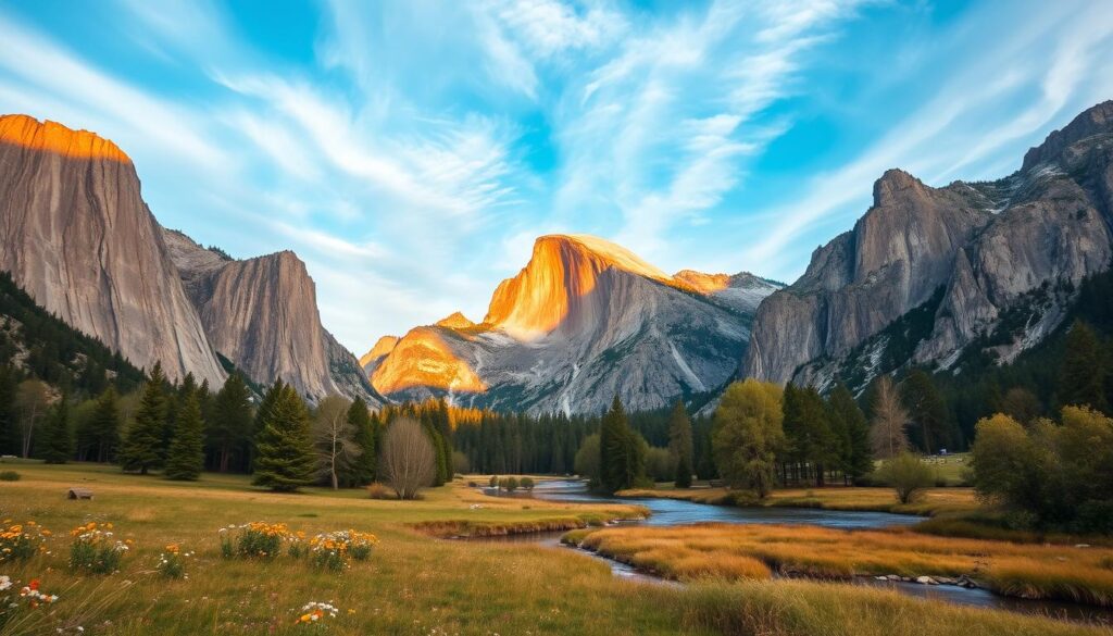 A sweeping vista of Yosemite Valley, captured with a wide-angle lens against the backdrop of towering granite cliffs. In the foreground, a serene meadow dotted with wildflowers, with the Merced River snaking through, reflecting the dramatic peaks. The middle ground features the iconic Half Dome, its granite face bathed in warm, golden light, as if illuminated by the setting sun. The sky is a breathtaking blend of soft blues and wispy clouds, creating a sense of tranquility and timelessness. This scene encapsulates the natural beauty and grandeur of Yosemite, inviting the viewer to step into this picturesque landscape and experience the serene wonder of this American treasure.