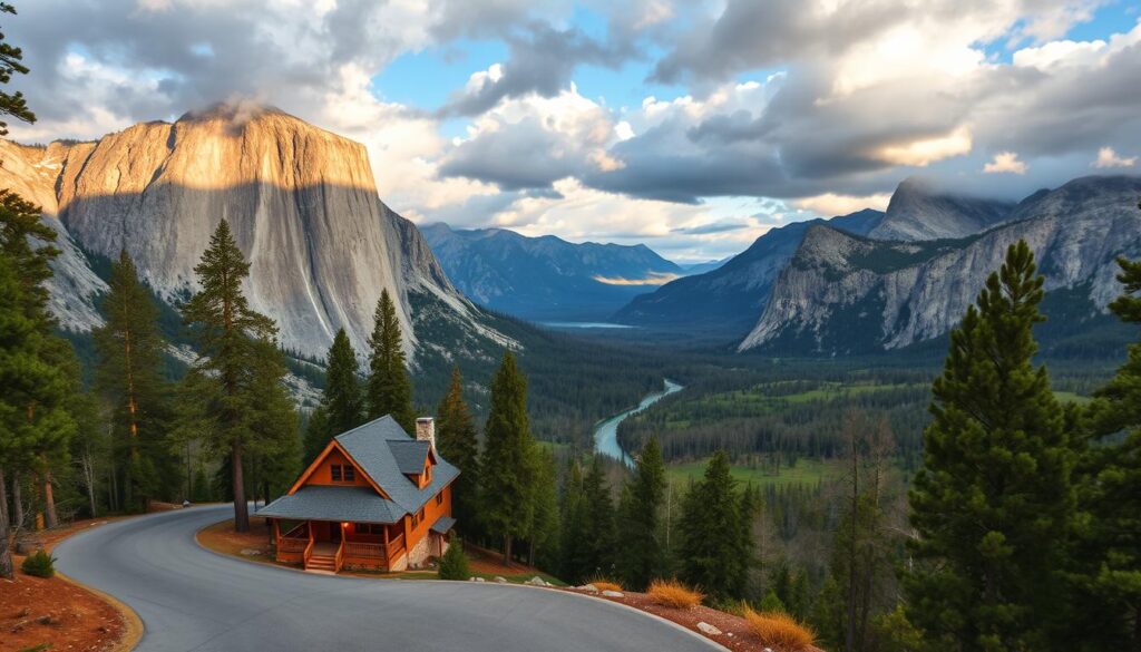 A sweeping vista of Yosemite Valley, with its iconic granite cliffs and cascading waterfalls framed by towering pines. In the foreground, a winding road leads up to an inviting cabin nestled among the trees, its warm lights beckoning weary travelers. The middle ground features a breathtaking panorama of the valley, with the serene Merced River meandering through the lush meadows. Dramatic clouds cast dramatic shadows across the scene, creating an atmosphere of peaceful solitude. Captured in warm, golden hues by a wide-angle lens, this image perfectly encapsulates the quintessential Yosemite experience and the ideal location for a cozy cabin retreat.