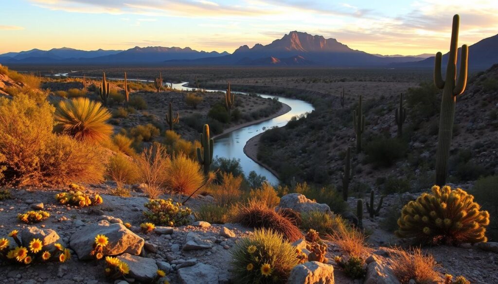 A sweeping vista of the Tanque Verde landscape in the Rincon Mountain District of Saguaro National Park, Arizona. In the foreground, desert wildflowers and cacti dot the rocky terrain, casting long shadows under a warm golden hour light. The middle ground features the winding Tanque Verde River, its banks lined with lush mesquite trees and towering saguaro cacti. In the distance, the majestic Tanque Verde Mountains rise up, their rugged peaks silhouetted against a vibrant desert sky. The scene exudes a sense of tranquility and solitude, inviting the viewer to experience the serene beauty of this iconic Arizona landscape.