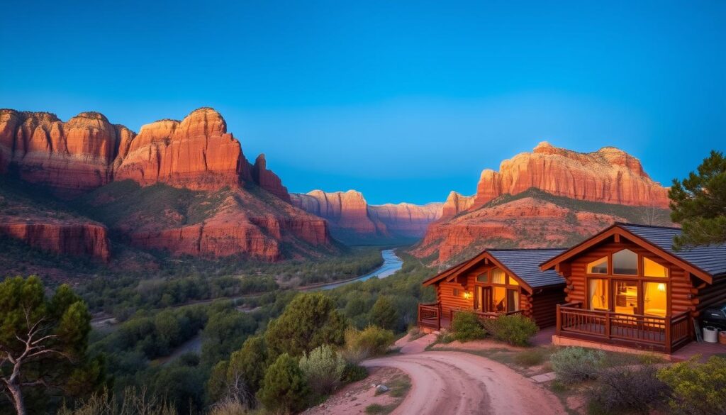 A sweeping vista of the majestic Zion National Park, with its towering red rock formations and winding river, set against a backdrop of vibrant blue skies. In the foreground, a cluster of strategically placed rustic cabins nestled amidst lush greenery, their wood-paneled exteriors and cozy interiors offering a perfect retreat for adventurous travelers. The cabins are positioned to maximize the breathtaking views, their windows framing the natural beauty of the park. Warm, diffused lighting casts a welcoming glow, hinting at the comfort and relaxation awaiting within. A dirt path leads through the serene landscape, inviting visitors to explore the nearby trails and discover the hidden wonders of this red rock paradise.