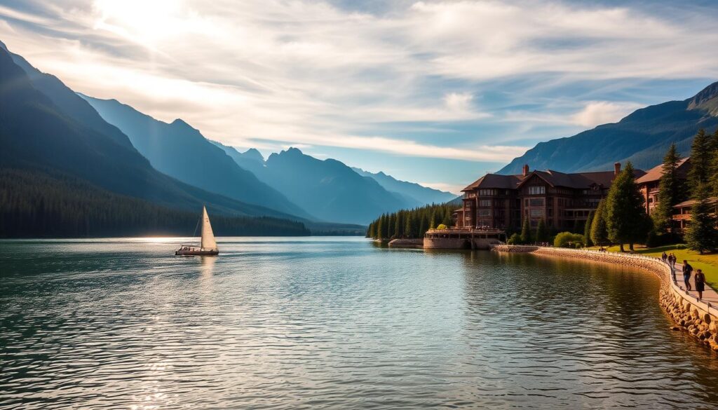 A tranquil lakeside scene of West Glacier, Montana, with the iconic Lake McDonald Lodge nestled amidst the majestic Rocky Mountains. Warm sunlight filters through wispy clouds, casting a golden glow over the crystalline waters and surrounding evergreen forests. Sailboats gently skim the surface, while hikers stroll along the lakeshore path, taking in the breathtaking panorama. The grand, historic lodge stands proudly, its rustic log-and-stone architecture blending seamlessly with the natural landscape. Capture the essence of this quintessential Glacier National Park destination, where classic Western charm and stunning alpine vistas converge.