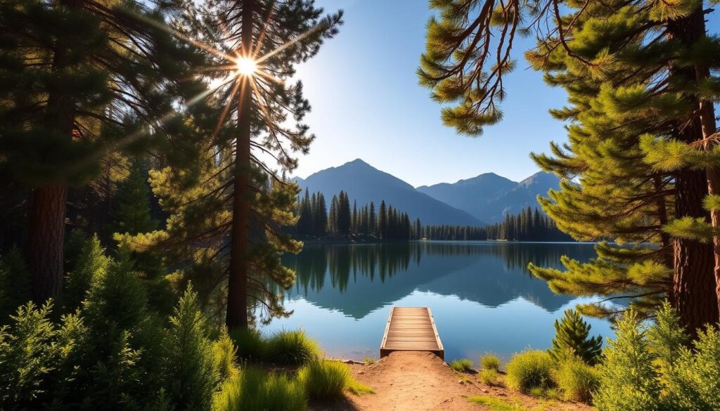 A tranquil mountain lake nestled amid towering pines, the south entrance to Bass Lake reflects the majestic peaks of the Sierra Nevada range. A narrow dirt path winds through the lush, verdant foliage, inviting visitors to explore the serene waterfront. Dappled sunlight filters through the canopy, casting a warm, golden glow over the still, mirror-like surface. A small wooden dock juts out into the lake, providing the perfect vantage point to take in the breathtaking natural scenery. In the distance, the rugged silhouettes of ancient granite mountains frame the picturesque landscape, creating a sense of timeless, unspoiled wilderness.