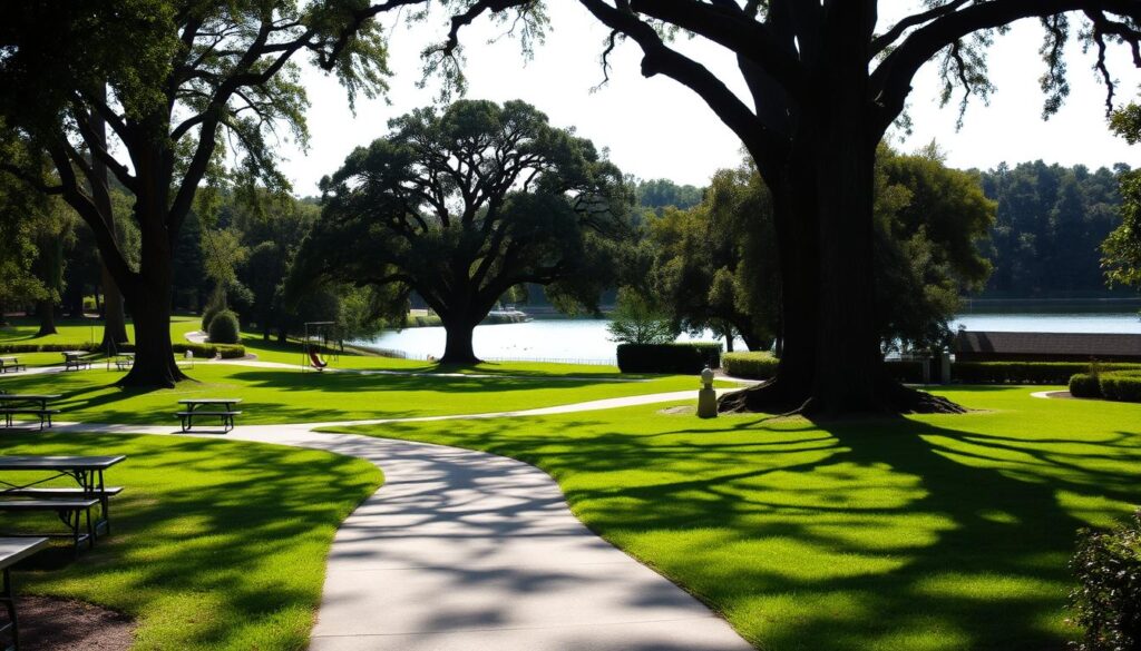 A tranquil park scene with a winding path leading through lush greenery. In the foreground, a variety of park amenities are showcased, including benches, picnic tables, and a children's play area with swings and a slide. The middle ground features towering oak trees casting dappled shadows, with a manicured lawn and neatly trimmed hedges. In the background, a serene lake reflects the surrounding landscape, with a few ducks gliding across the surface. The lighting is soft and natural, creating a peaceful, inviting atmosphere. The overall composition emphasizes the variety of relaxing and recreational options available in this idyllic park setting.