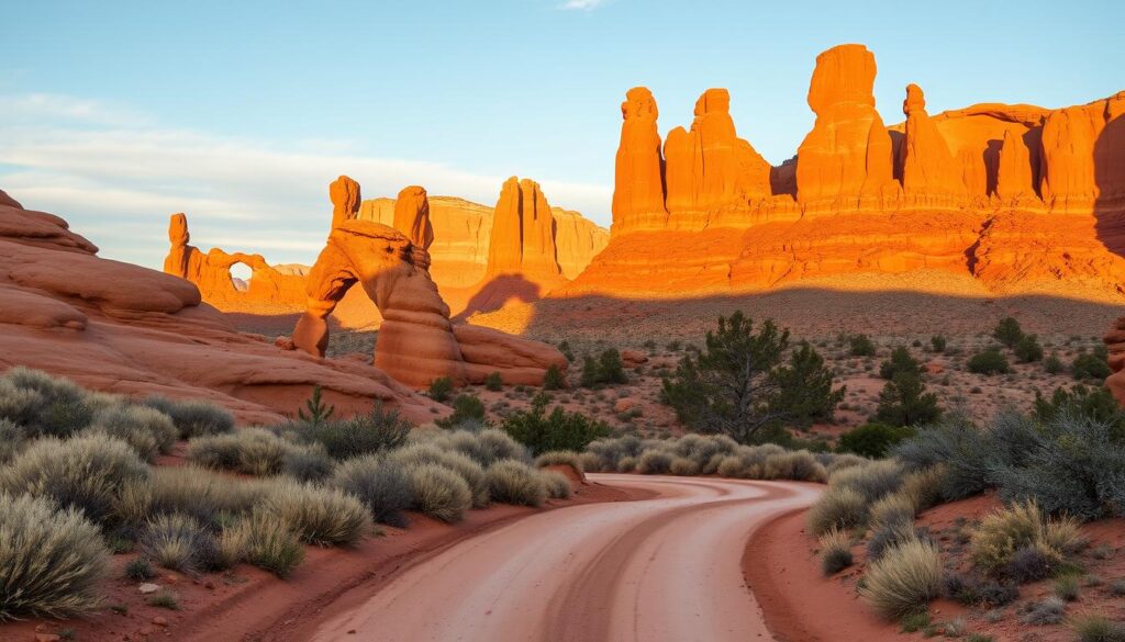 A tranquil scene at Arches National Park, with the iconic sandstone arches framing the sky. In the foreground, a picturesque dirt road winds through the desert landscape, leading the viewer towards the majestic rock formations. The middle ground features a cluster of arches, their intricate shapes and warm hues bathed in golden afternoon light. In the background, towering red cliffs and rugged buttes rise up, creating a dramatic and awe-inspiring backdrop. The overall atmosphere is one of serene adventure, inviting the viewer to explore the wonders of this iconic American landscape. Captured with a wide-angle lens and natural lighting, this image conveys the essential flight options for reaching this stunning destination.