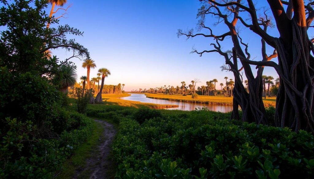 A tranquil scene of Everglades National Park's vast wetlands, captured from a serene vantage point. In the foreground, a lush, verdant trail winds through the mangrove forests, inviting hikers to explore the natural wonders. In the middle ground, a peaceful river or stream reflects the azure sky, its surface rippled by the gentle movements of kayakers or canoeists. Beyond, the horizon is dotted with towering cypress trees, their twisted, knotted trunks silhouetted against the warm, golden light of the setting sun. The overall atmosphere conveys a sense of harmony and immersion in the park's pristine, unspoiled environment, perfect for a nature-focused getaway.