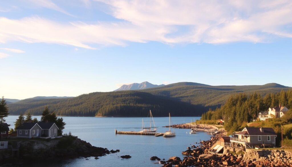 A tranquil seaside landscape on the quiet side of Mount Desert Island. In the foreground, a picturesque fishing village nestled along the rocky coastline, with weathered clapboard cottages and a small harbor dotted with sailboats. Warm afternoon light filters through wispy clouds, casting a golden glow over the scene. In the middle ground, rolling hills covered in lush evergreen forests rise up, framing the view. In the distance, the iconic silhouette of Acadia's mountains stand tall against a crisp, blue sky. An atmosphere of serene coastal charm and natural beauty, inviting visitors to discover the hidden gems of this Maine island retreat.