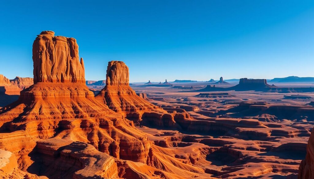 A vast expanse of crimson-hued sandstone formations, sculpted by millennia of wind and water, stretches out under a brilliant azure sky. In the foreground, majestic towering buttes and mesas rise like sentinels, their rugged faces reflecting the warm glow of the desert sun. The middle ground reveals a maze of intricate canyons and ravines, casting dramatic shadows that accentuate the undulating terrain. In the distance, the horizon is dotted with distant mesas and buttes, creating a serene and captivating desert panorama. Capture the timeless, rugged beauty of Moab's iconic red rock landscape, evoking a sense of exploration and tranquility.
