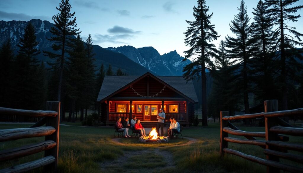 A vast, rustic log cabin nestled amidst a breathtaking mountain landscape. In the foreground, a group of guests gather around a crackling fire pit, their laughter and chatter echoing across the tranquil meadow. Weathered wooden fences frame the scene, hinting at the quintessential Western experience. Towering pine trees sway gently in the cool evening breeze, their shadows dancing across the well-worn porch. The cabin's warm glow emanates from large windows, welcoming weary travelers to a cozy, family-friendly haven. High-contrast lighting casts dramatic shadows, evoking a sense of adventure and timeless charm. The overall mood is one of serene, nostalgic escapism, capturing the essence of a quintessential ranch stay near Glacier National Park.